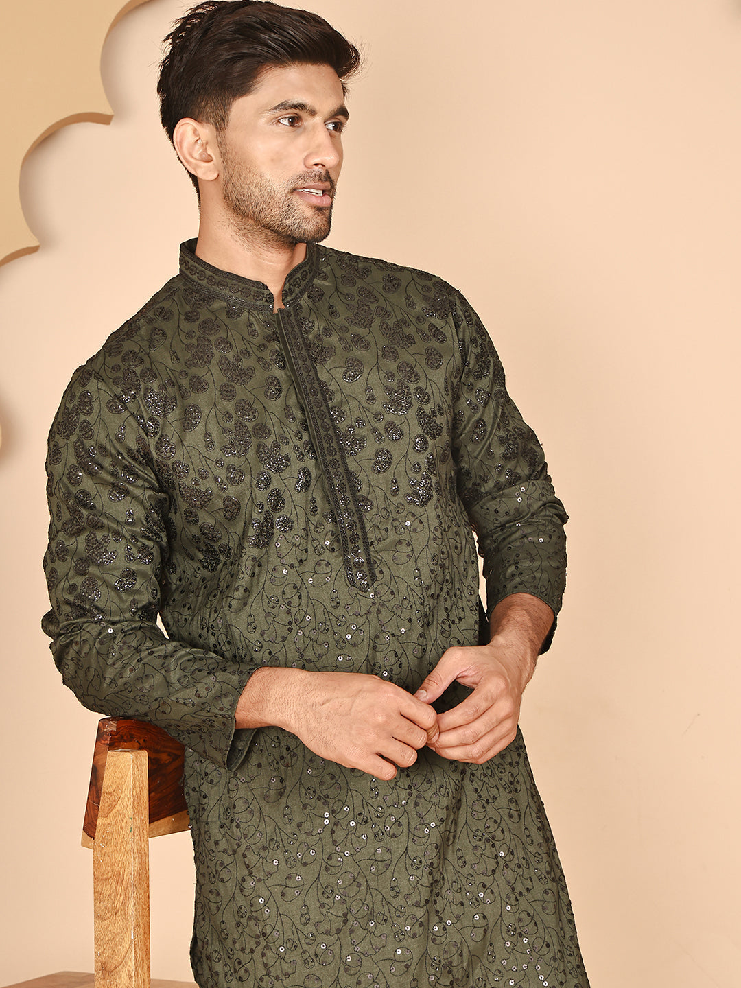 DesiQlo Men Embroidered Kurta Pyjama Set - Green - JOKP_P_5267Olive_S