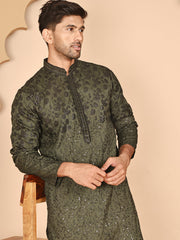 Men's Olive Embroidered Kurta Pyjama Set ( JOKP P 5267 P 5267 Olive ) [FF] [A-1-4]