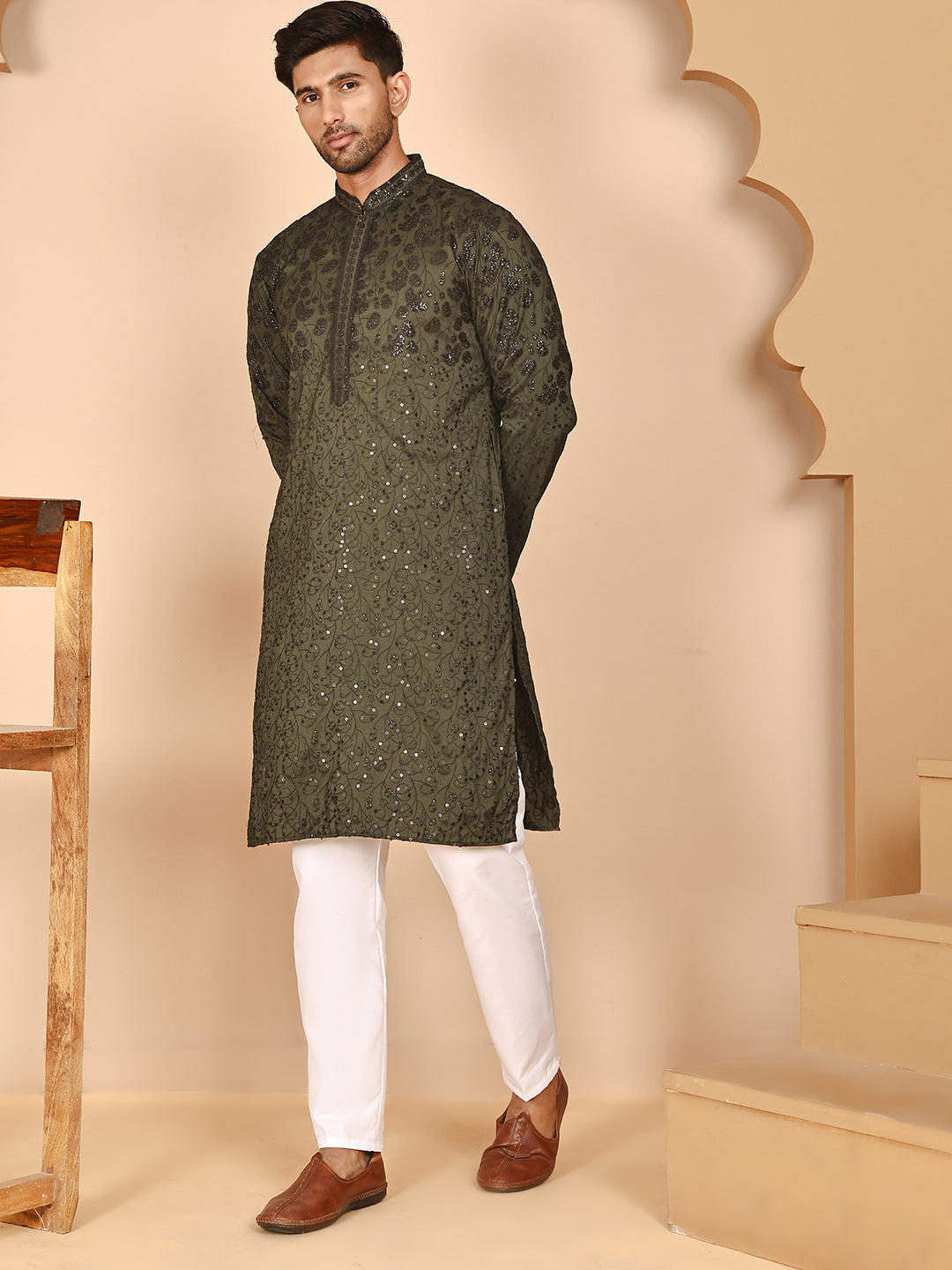 DesiQlo Men Embroidered Kurta Pyjama Set - Green - JOKP_P_5267Olive_S