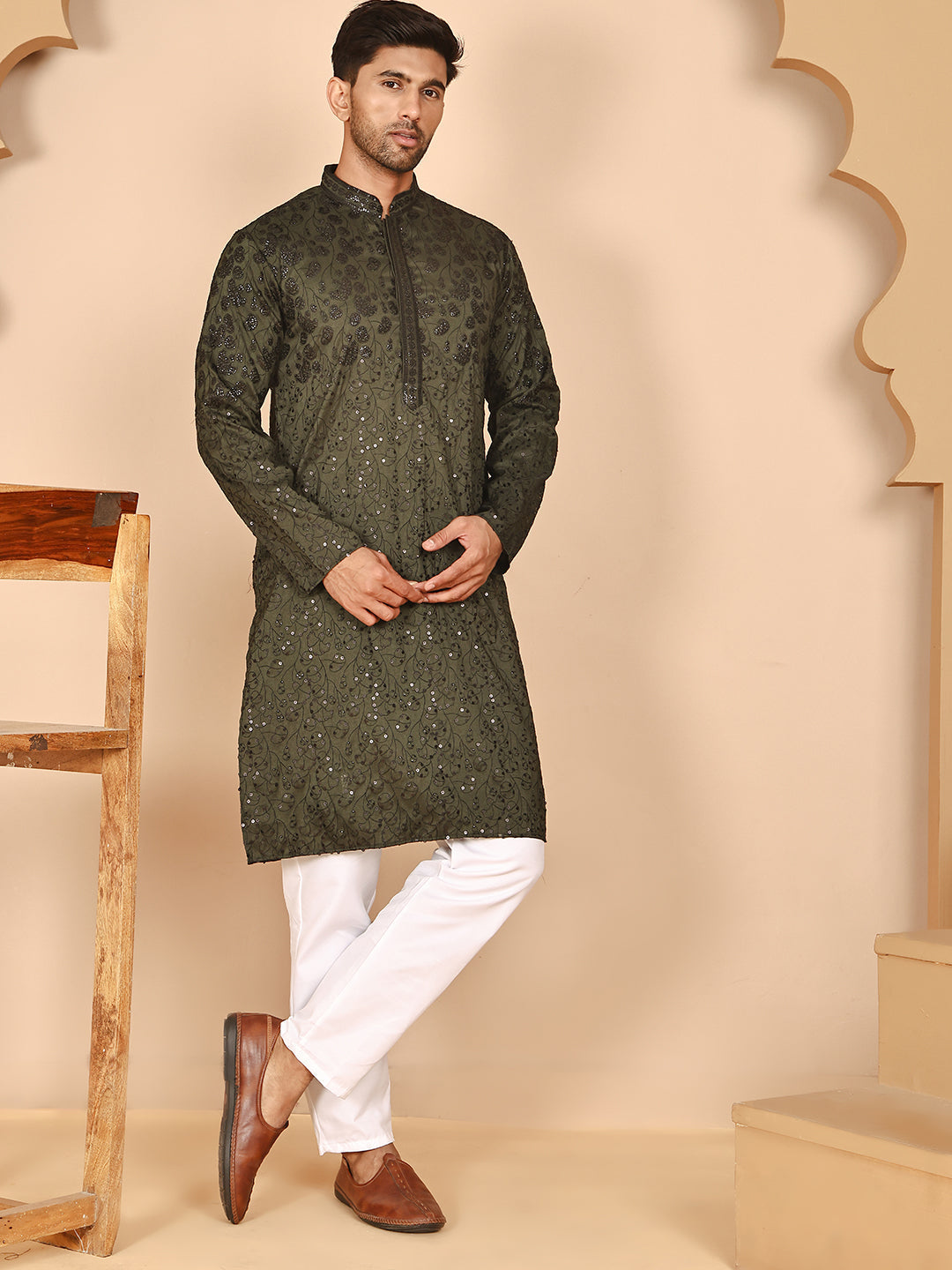 DesiQlo Men Embroidered Kurta Pyjama Set - Green - JOKP_P_5267Olive_S