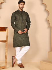 Men's Olive Embroidered Kurta Pyjama Set ( JOKP P 5267 P 5267 Olive ) [FF] [A-1-4]