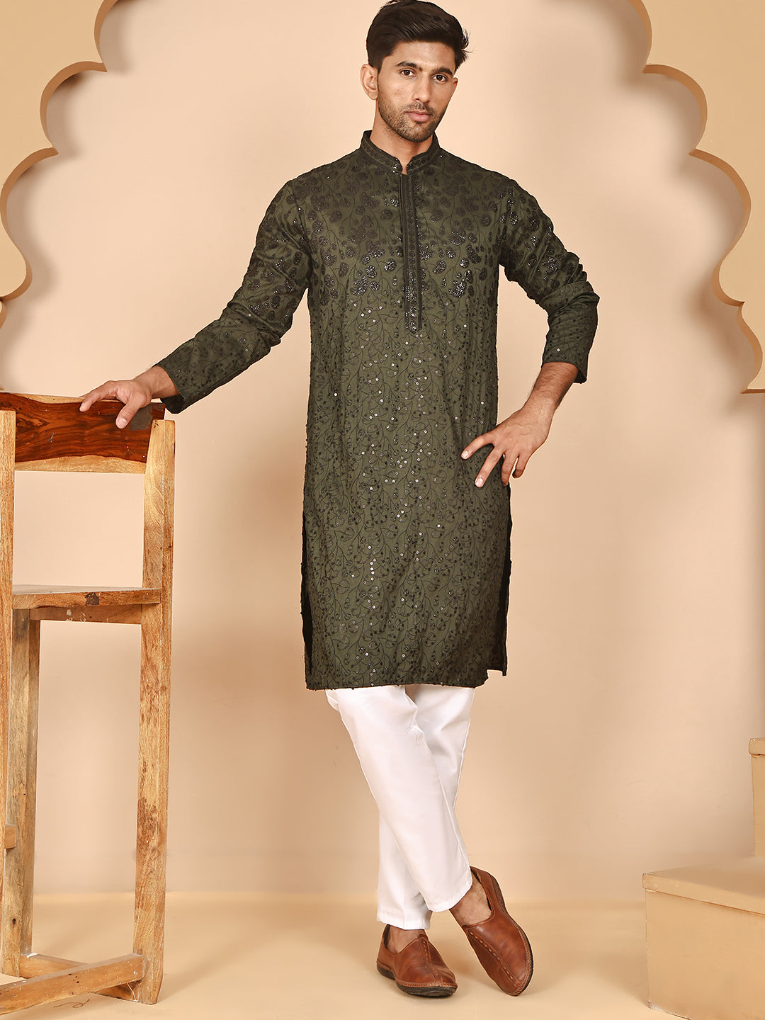 DesiQlo Men Embroidered Kurta Pyjama Set - Green - JOKP_P_5267Olive_S