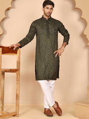Men's Olive Embroidered Kurta Pyjama Set ( JOKP P 5267 P 5267 Olive ) [FF] [A-1-4]