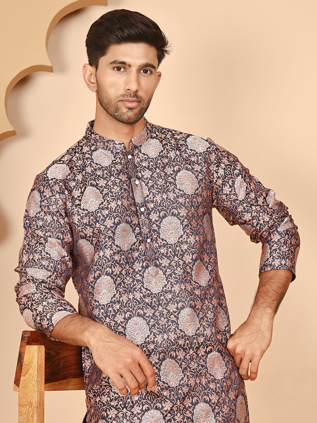 Peach Jacquard Silk Kurta Pyjama Set for Men ( JOKP P 5268 P 5268 Peach ) [FF] [I-1-4]