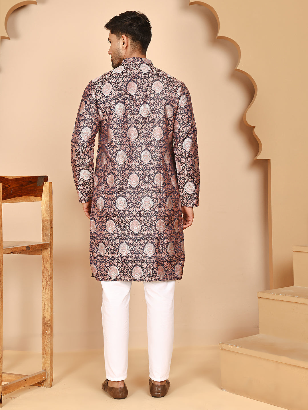 DesiQlo Men Woven Design Kurta Pyjama Set - Orange - JOKP_P_5268Peach_