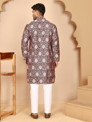 Peach Jacquard Silk Kurta Pyjama Set for Men ( JOKP P 5268 P 5268 Peach ) [FF] [I-1-4]