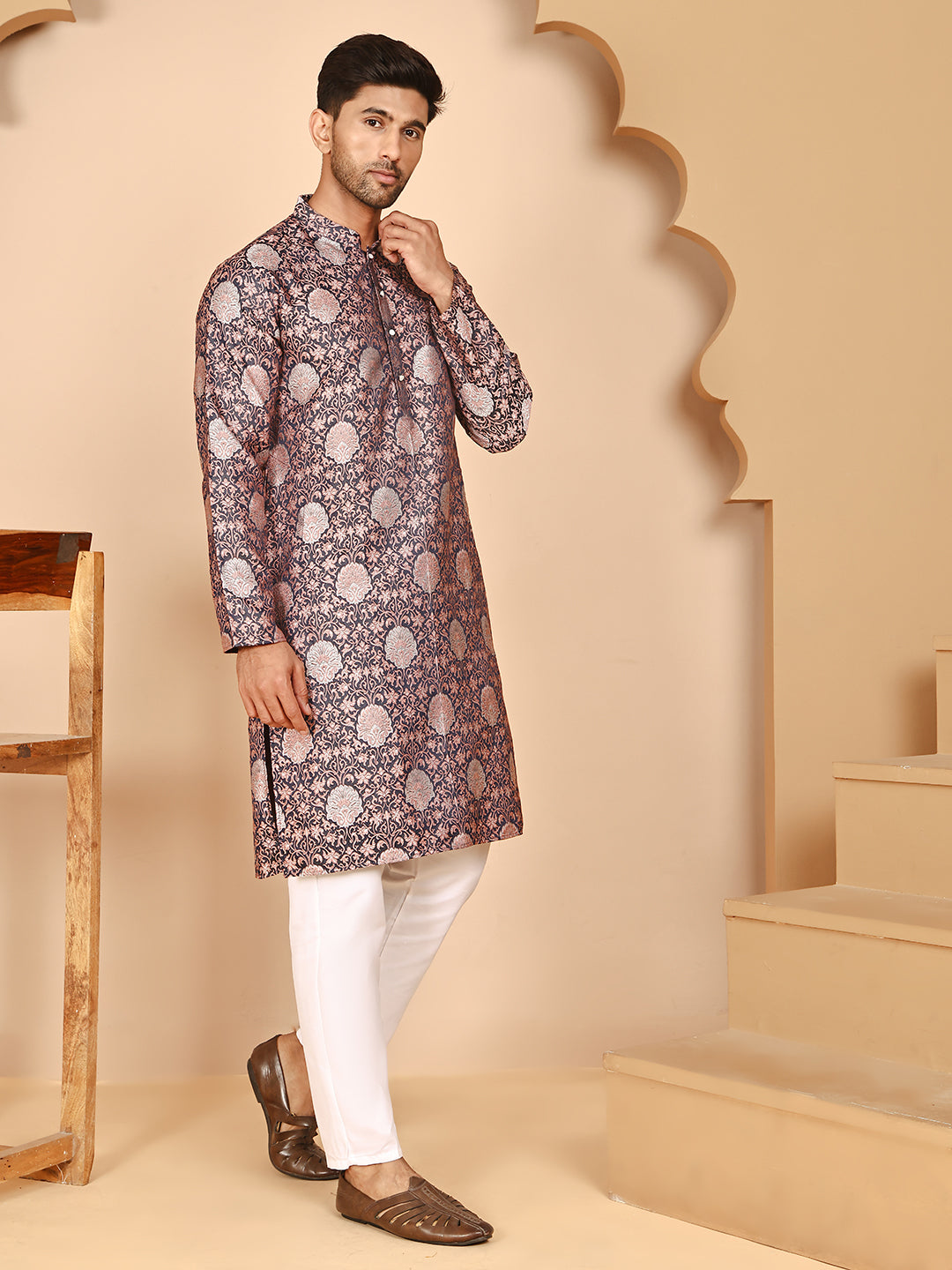 DesiQlo Men Woven Design Kurta Pyjama Set - Orange - JOKP_P_5268Peach_