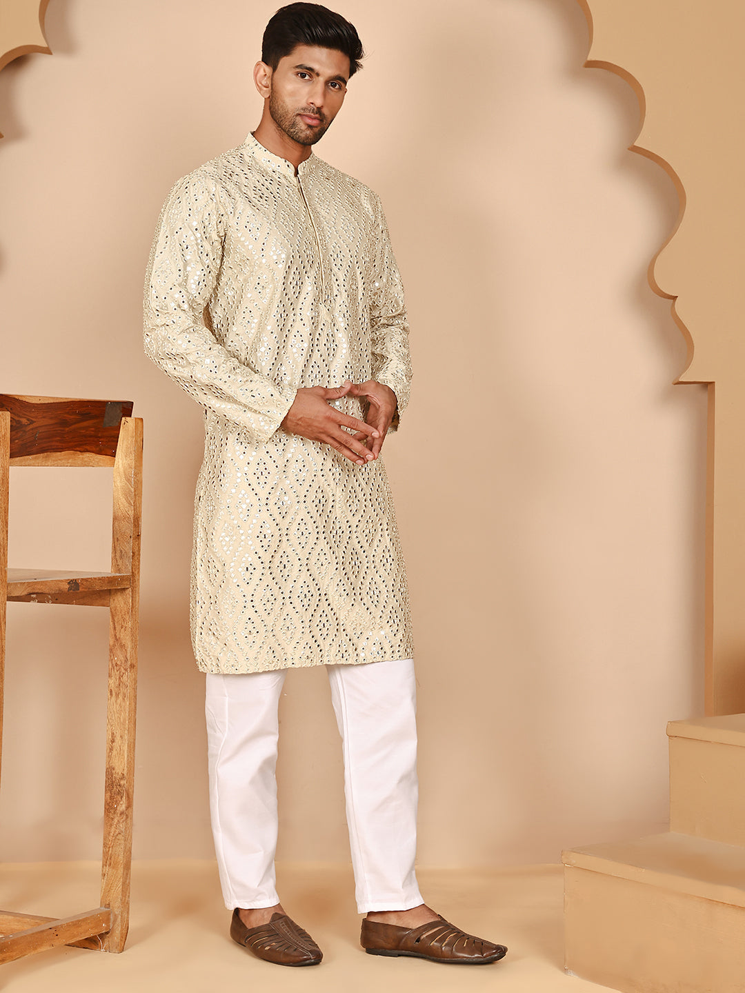 DesiQlo Men Embroidered Kurta Pyjama Set - Beige - JOKP_P_5269Cream_S