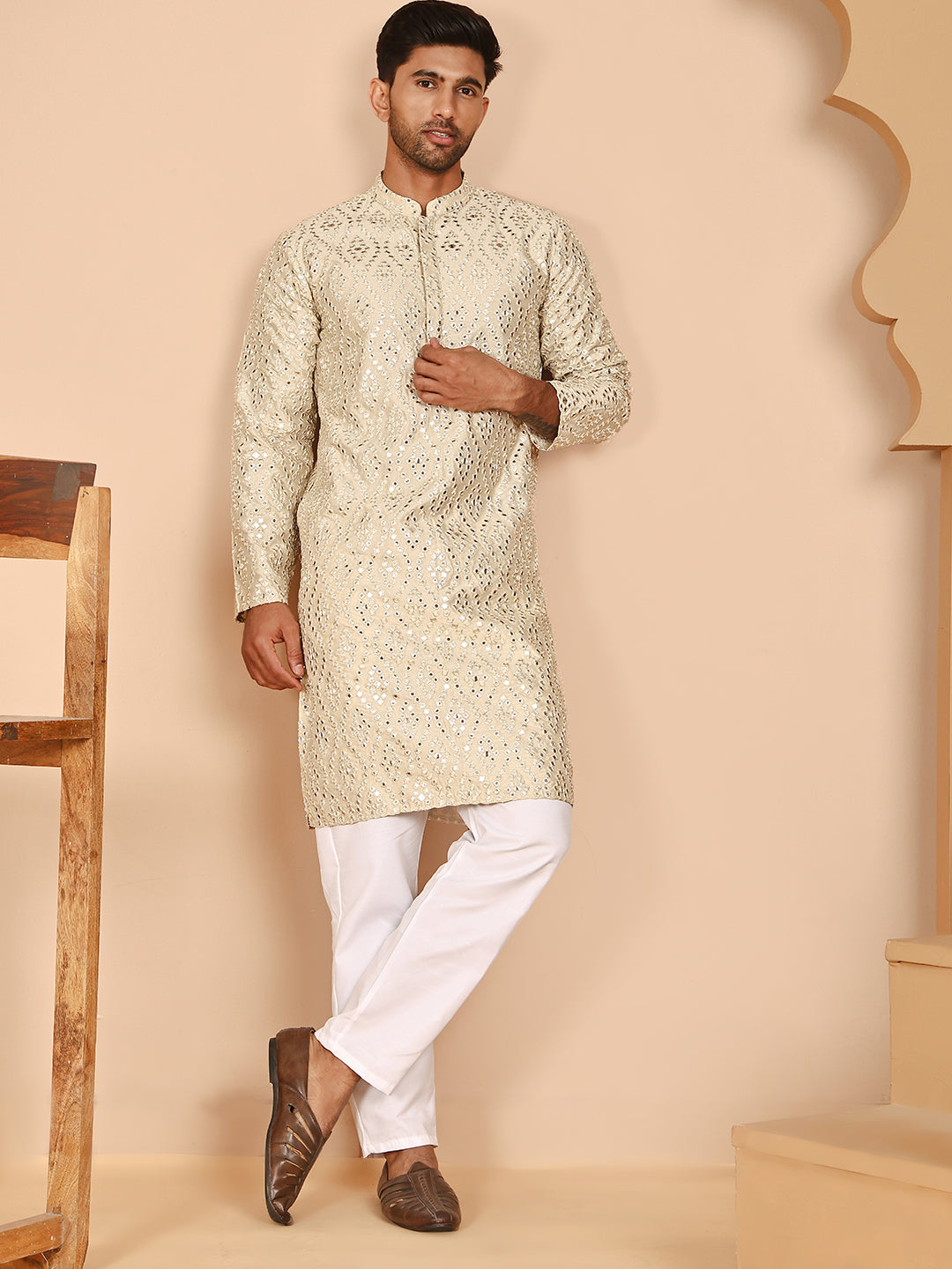 DesiQlo Men Embroidered Kurta Pyjama Set - Beige - JOKP_P_5269Cream_S