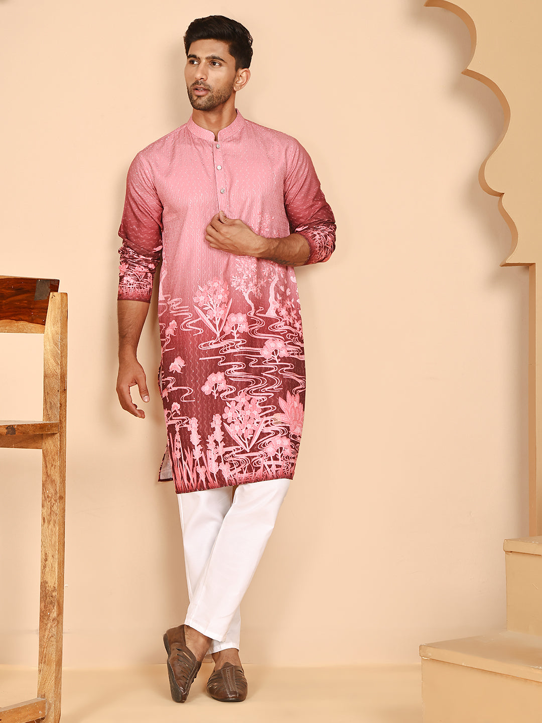 DesiQlo Men Printed Kurta Pyjama Set - Pink - JOKP_P_5274Pink_S