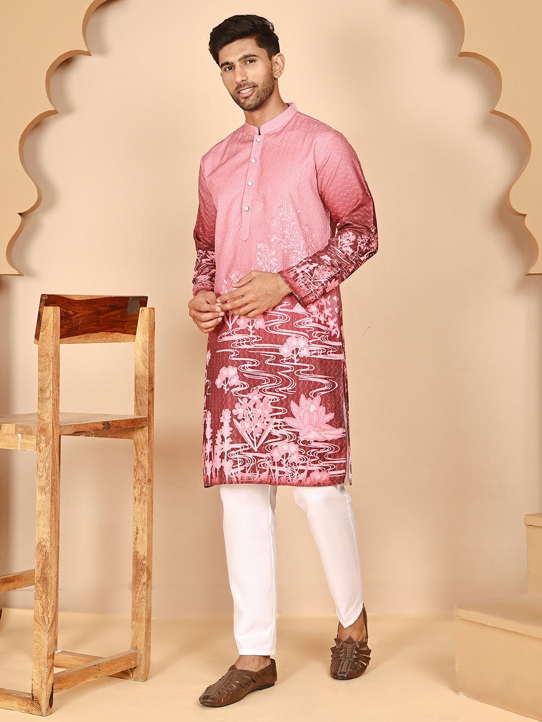 DesiQlo Men Printed Kurta Pyjama Set - Pink - JOKP_P_5274Pink_S