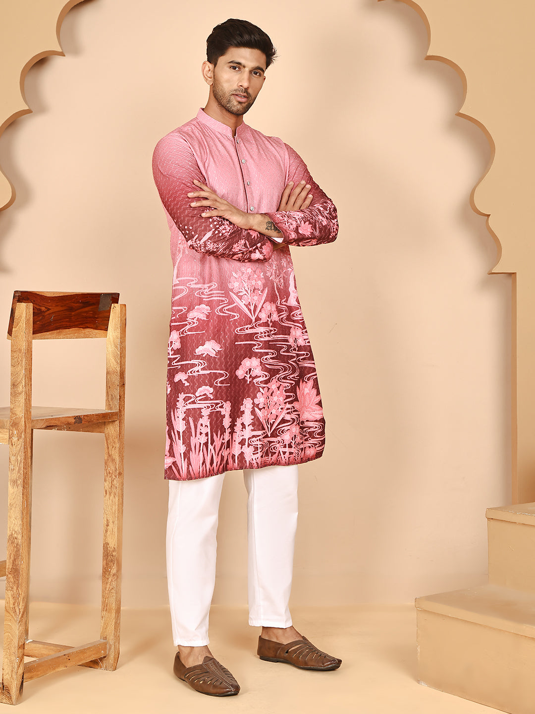 DesiQlo Men Printed Kurta Pyjama Set - Pink - JOKP_P_5274Pink_S
