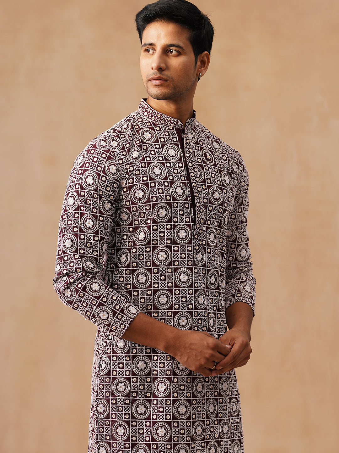 DesiQlo Men Embroidered Kurta Pyjama Set - Maroon - JOKP_P_5279Wine_S
