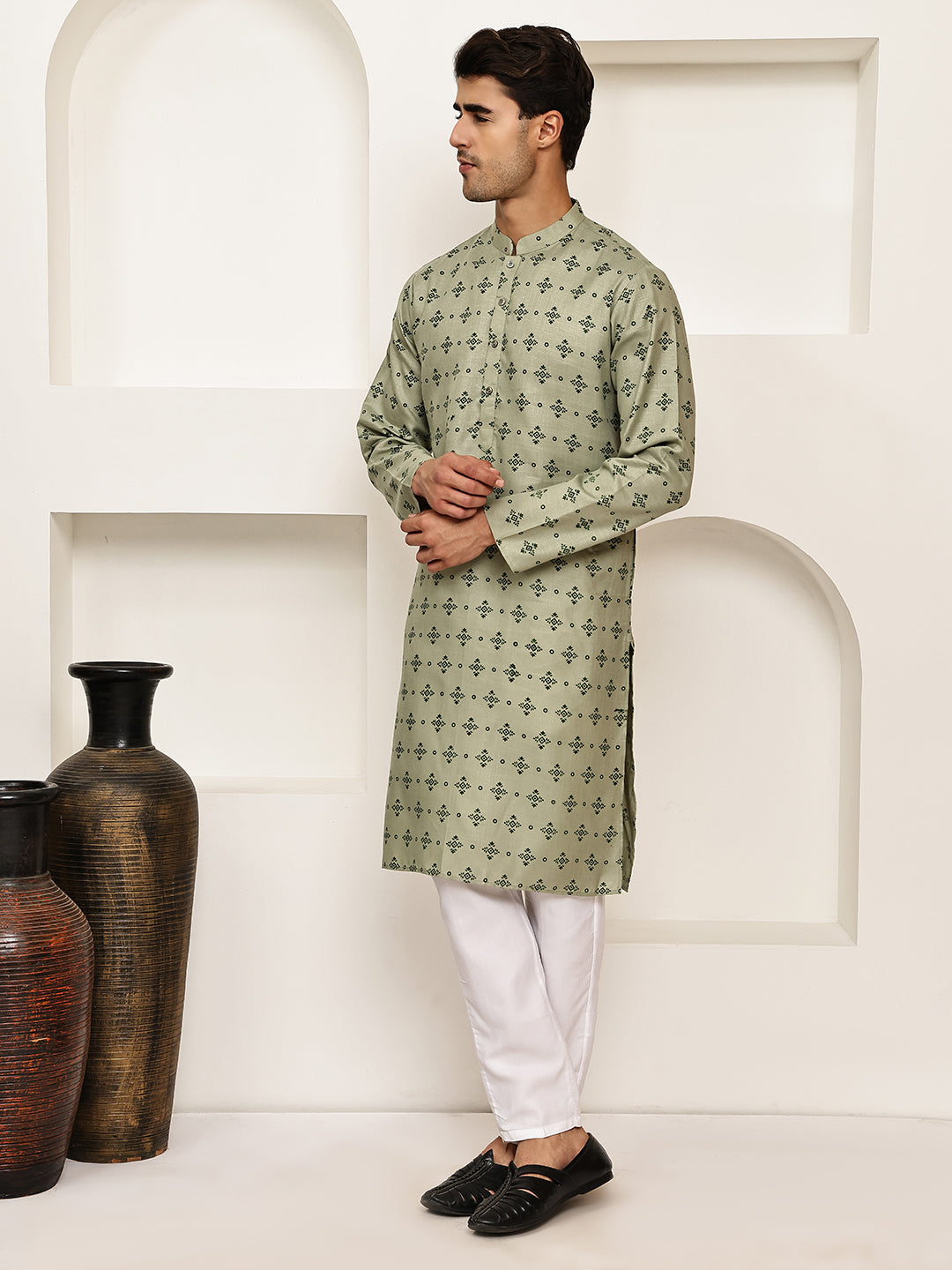 DesiQlo Men Printed Kurta Pyjama Set - Green - JOKP_P_5281Pista_S