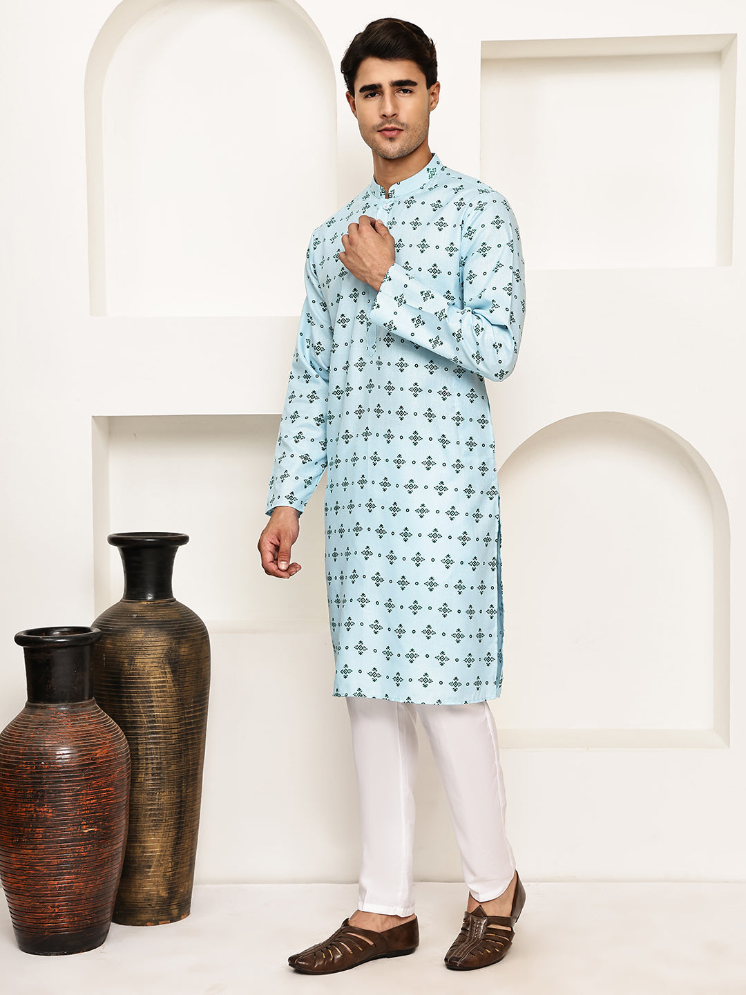 DesiQlo Men Printed Kurta Pyjama Set - Blue - JOKP_P_5281Sky_S