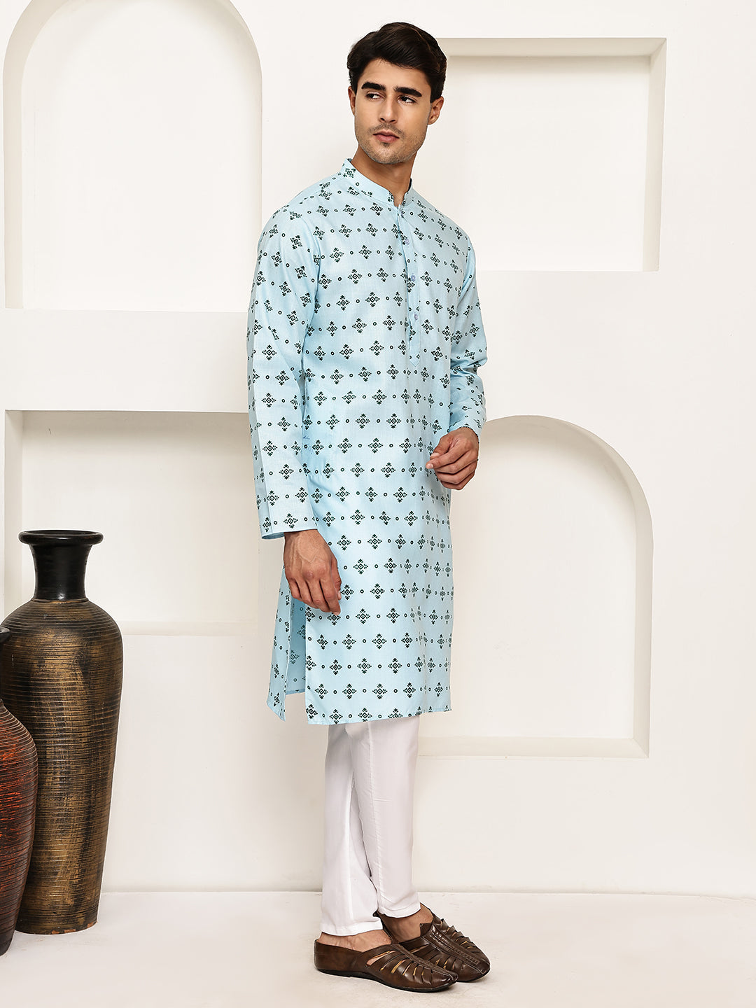 DesiQlo Men Printed Kurta Pyjama Set - Blue - JOKP_P_5281Sky_S