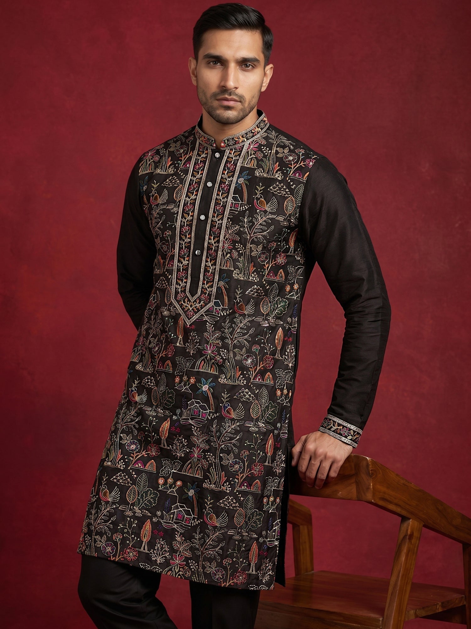 DesiQlo Men Embroidered Kurta Pyjama Set - Black - JOKP_B-P_5283Black_