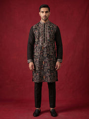 Silk Blend Kurta Set with Multicolor Embroidery ( JOKP B-P 5283Black )