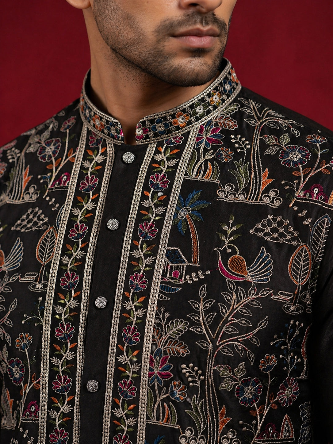 DesiQlo Men Embroidered Kurta Pyjama Set - Black - JOKP_B-P_5283Black_