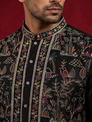 Silk Blend Kurta Set with Multicolor Embroidery ( JOKP B-P 5283Black )