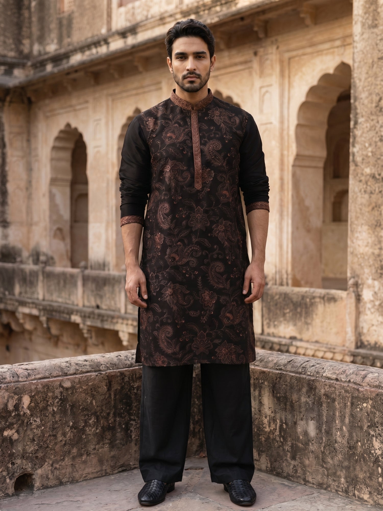 DesiQlo Men Embroidered Kurta Pyjama Set - Gold