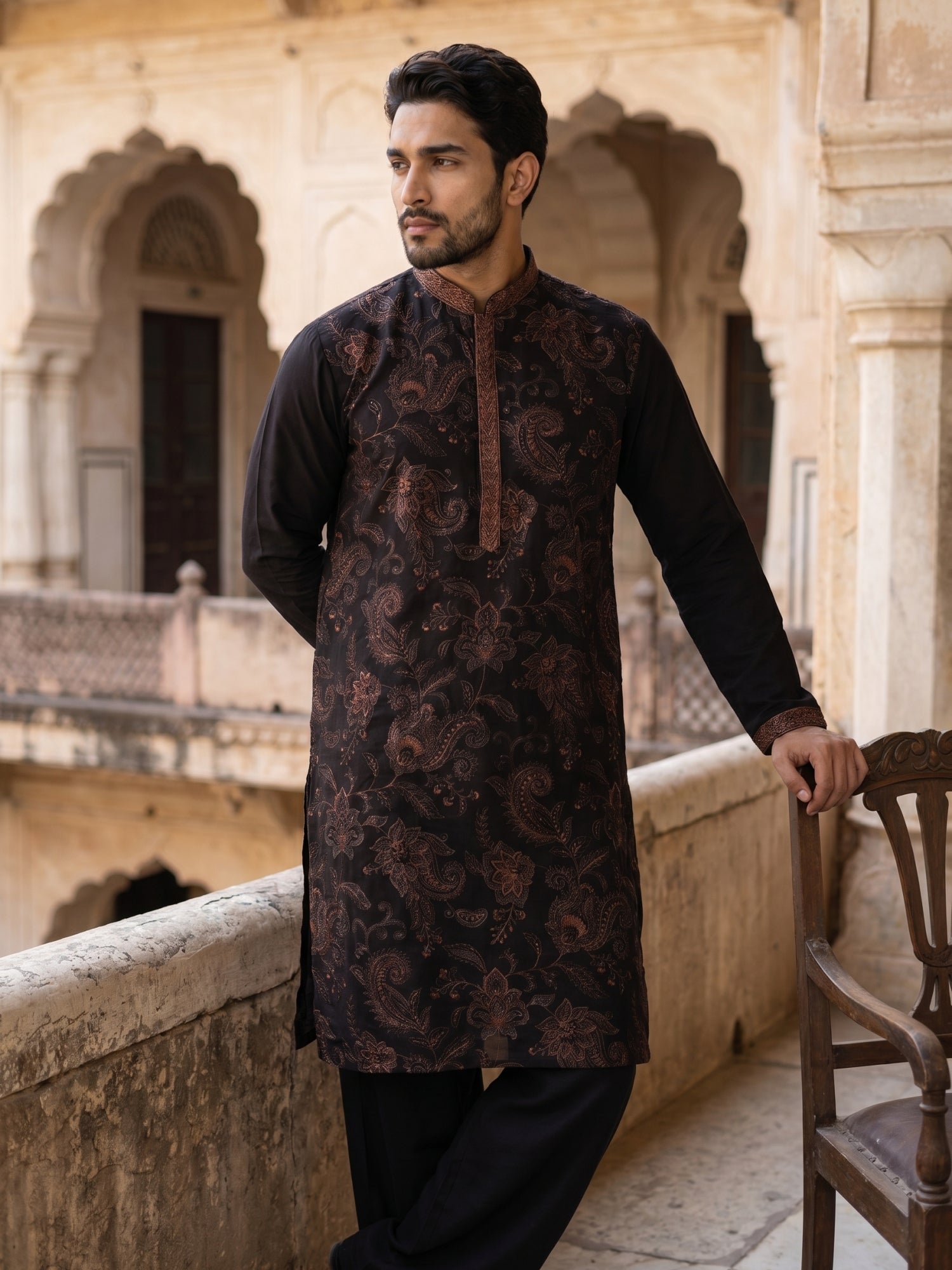DesiQlo Men Embroidered Kurta Pyjama Set - Gold