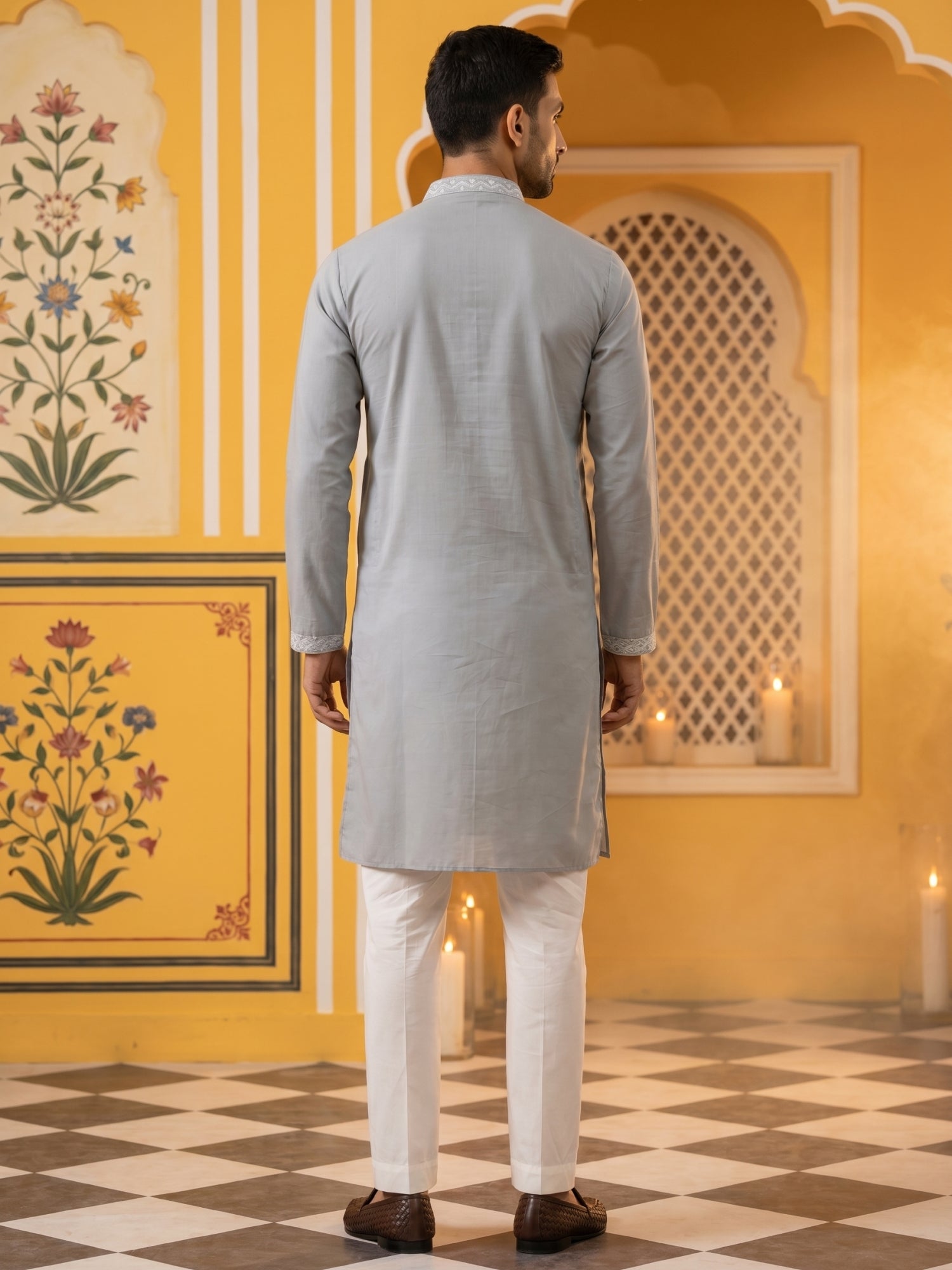 DesiQlo Men Embroidered Kurta Pyjama Set - Grey - JOKP_P_5286Grey_S