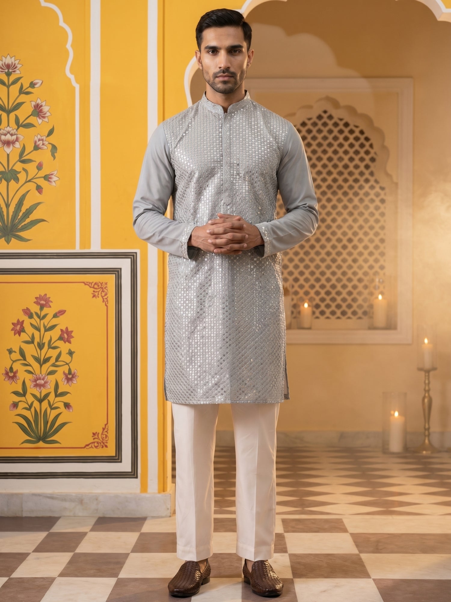 DesiQlo Men Embroidered Kurta Pyjama Set - Grey - JOKP_P_5286Grey_S