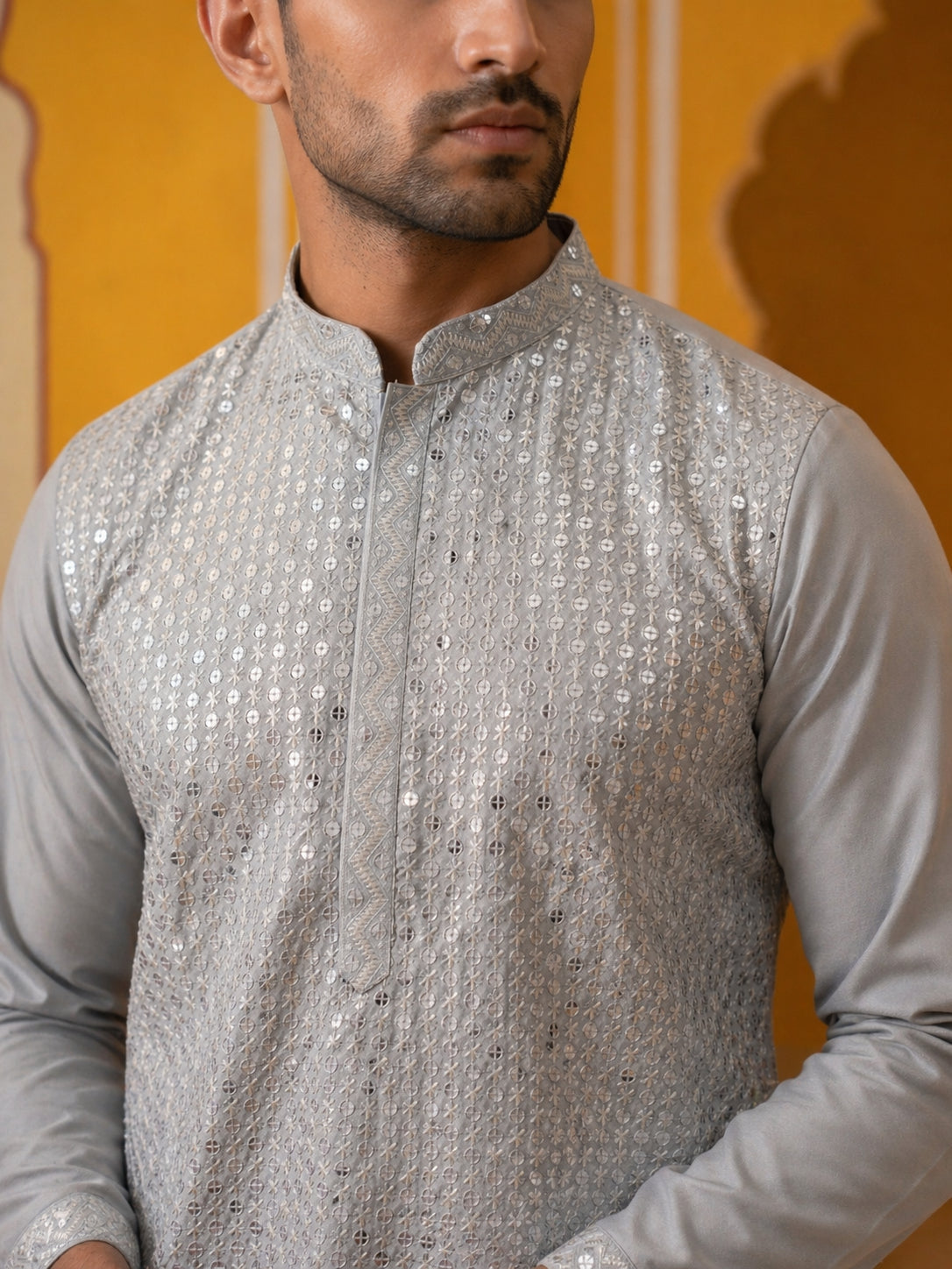 DesiQlo Men Embroidered Kurta Pyjama Set - Grey - JOKP_P_5286Grey_S
