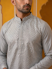 Embroidered Mirror Work Kurta Pyjama ( JOKP P 5286Grey )