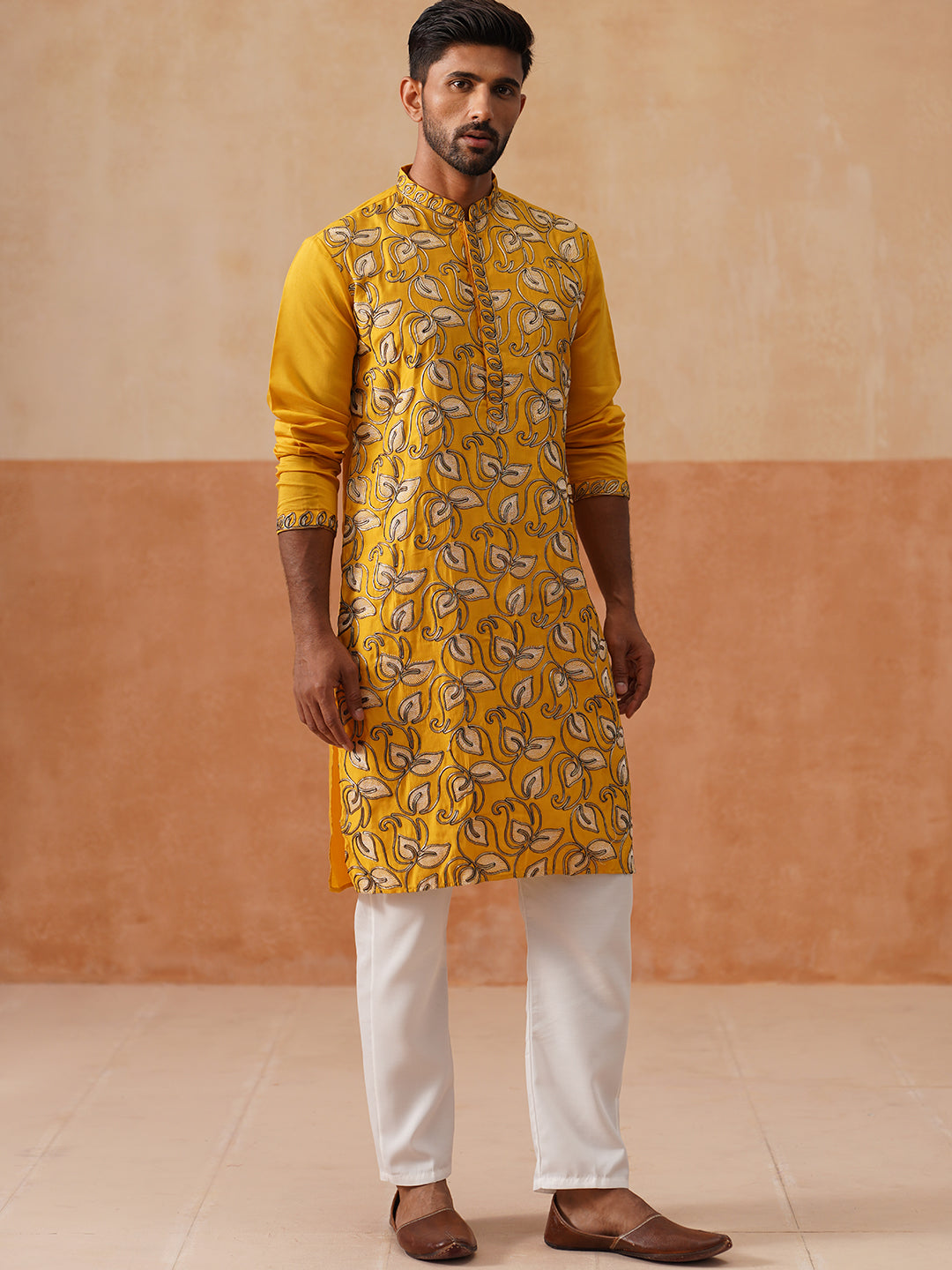 DesiQlo Men Embroidered Kurta Pyjama Set - Yellow - JOKP_P_5290Mustard