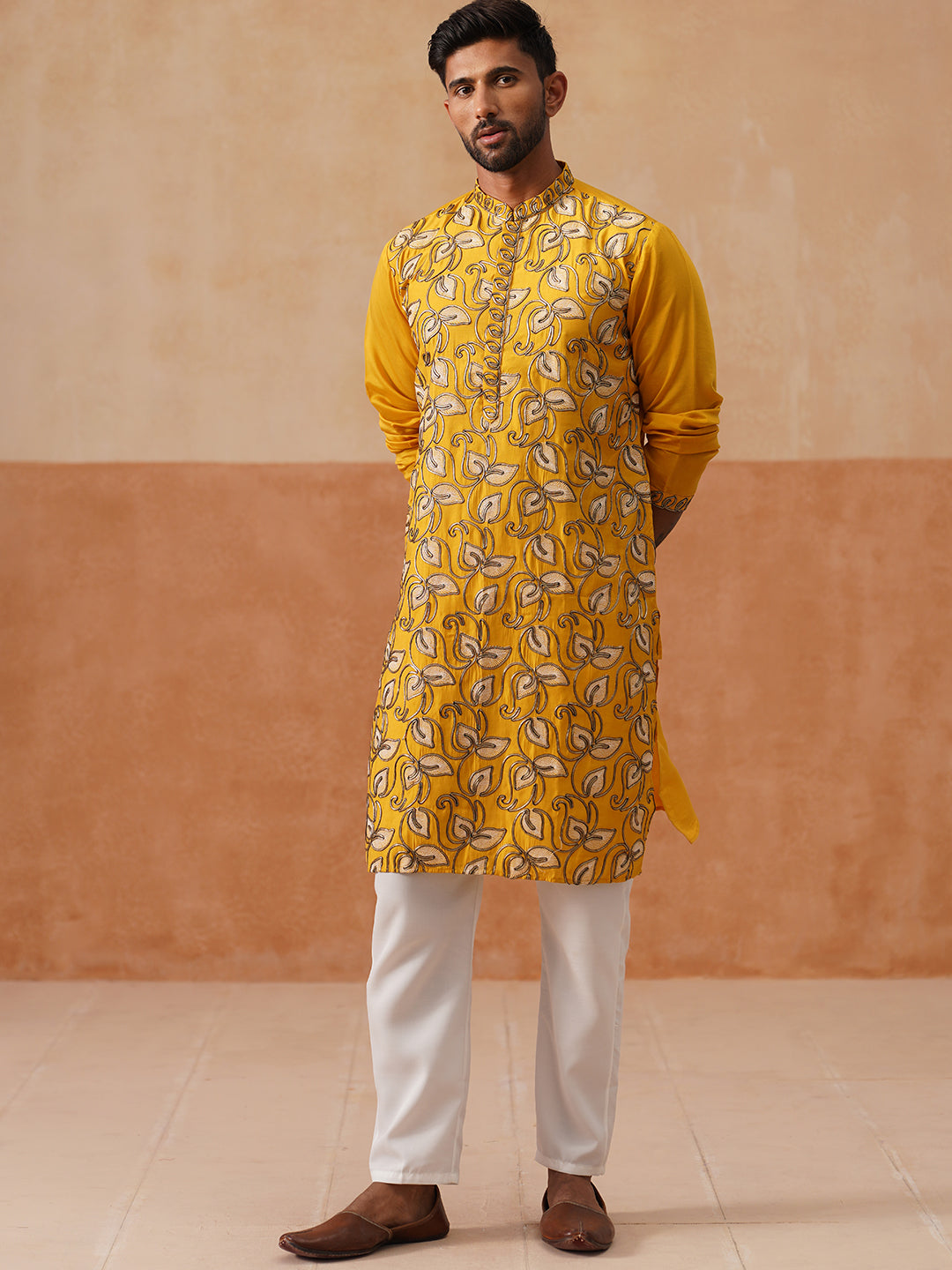 DesiQlo Men Embroidered Kurta Pyjama Set - Yellow - JOKP_P_5290Mustard
