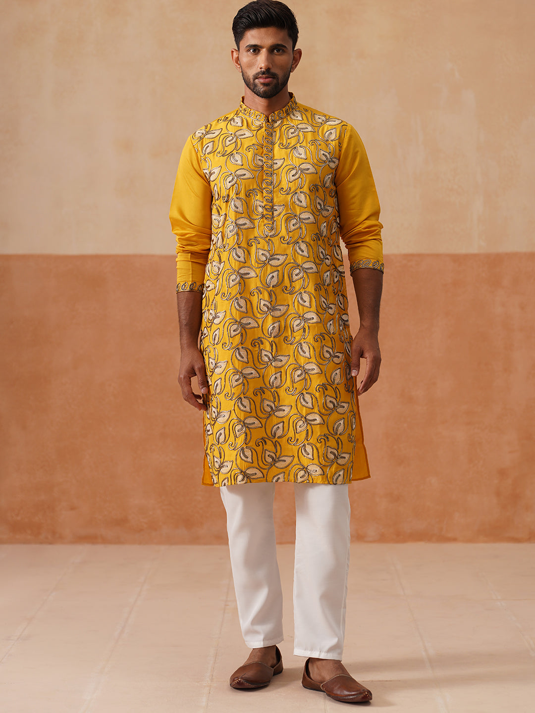 DesiQlo Men Embroidered Kurta Pyjama Set - Yellow - JOKP_P_5290Mustard