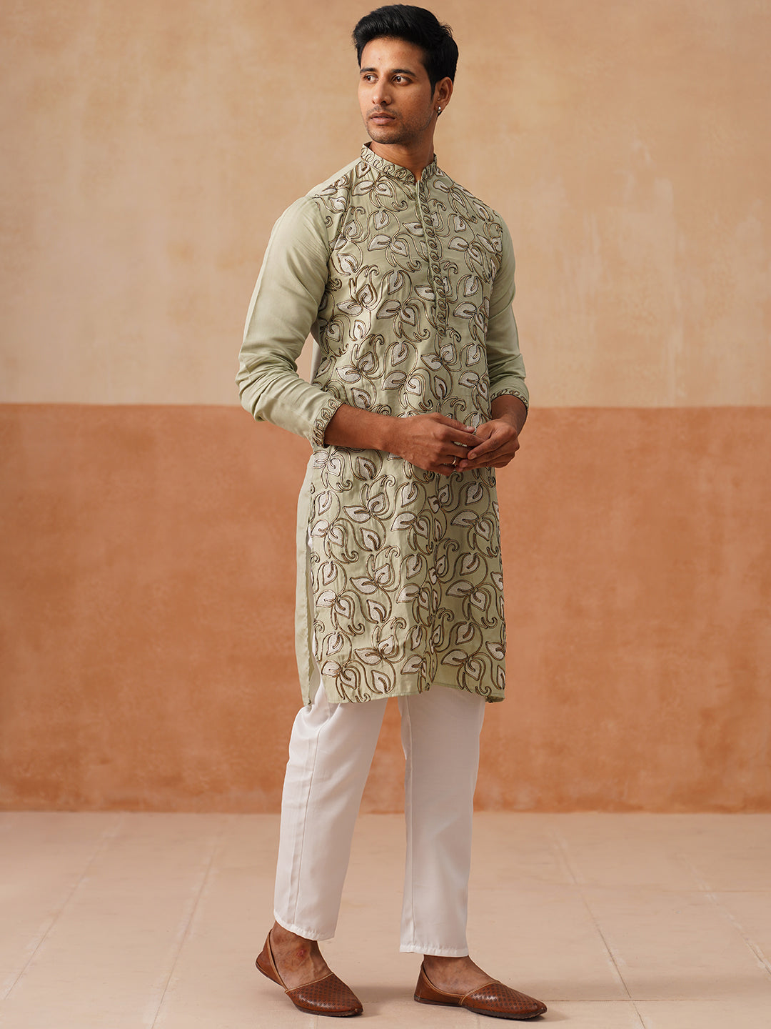 DesiQlo Men Embroidered Kurta Pyjama Set - Green - JOKP_P_5290Pista_S