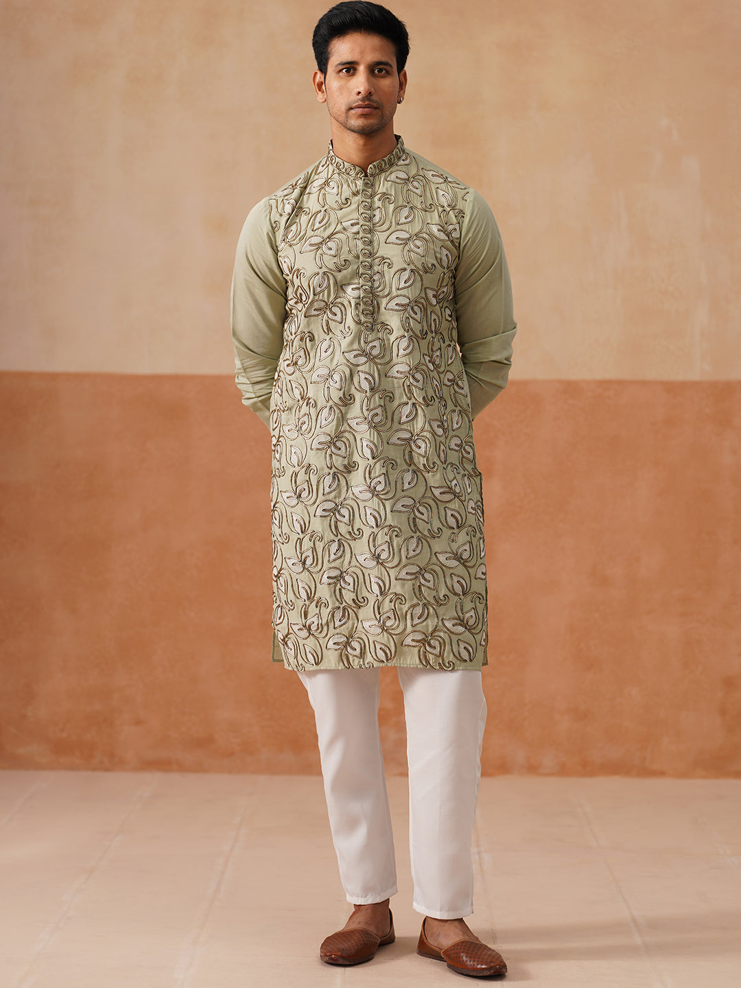 DesiQlo Men Embroidered Kurta Pyjama Set - Green - JOKP_P_5290Pista_S