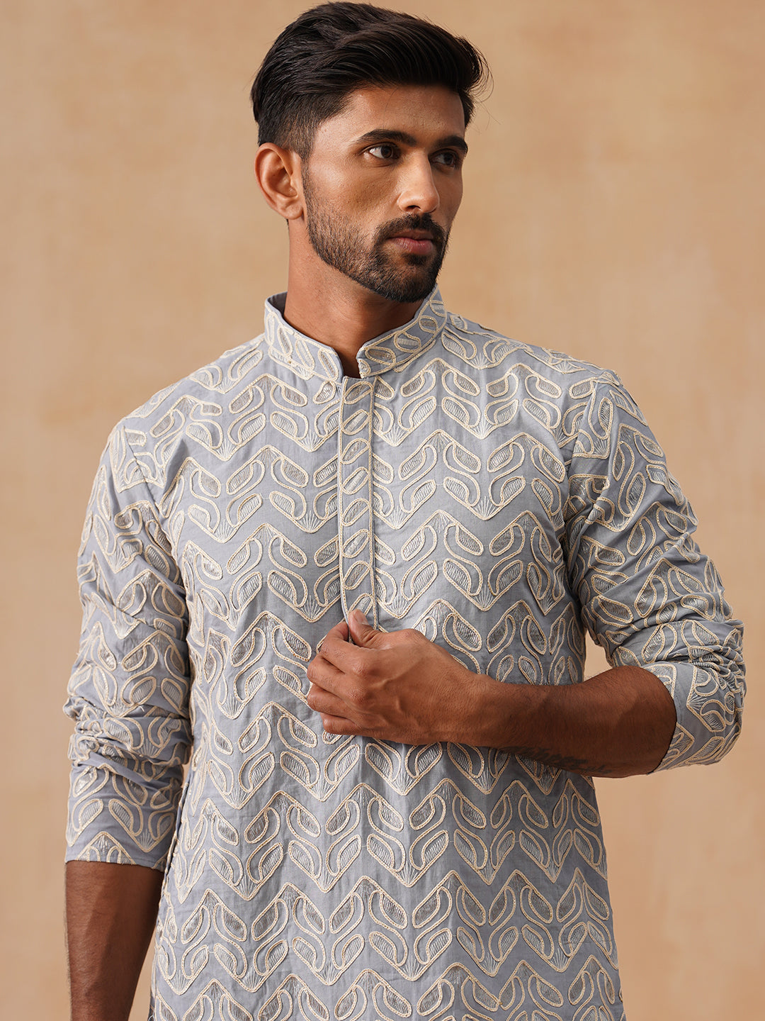 Floral Thread Embroidered Silk Blend Kurta with pyjama ( JOKP P 5292 Grey ) [FF] [P-6]