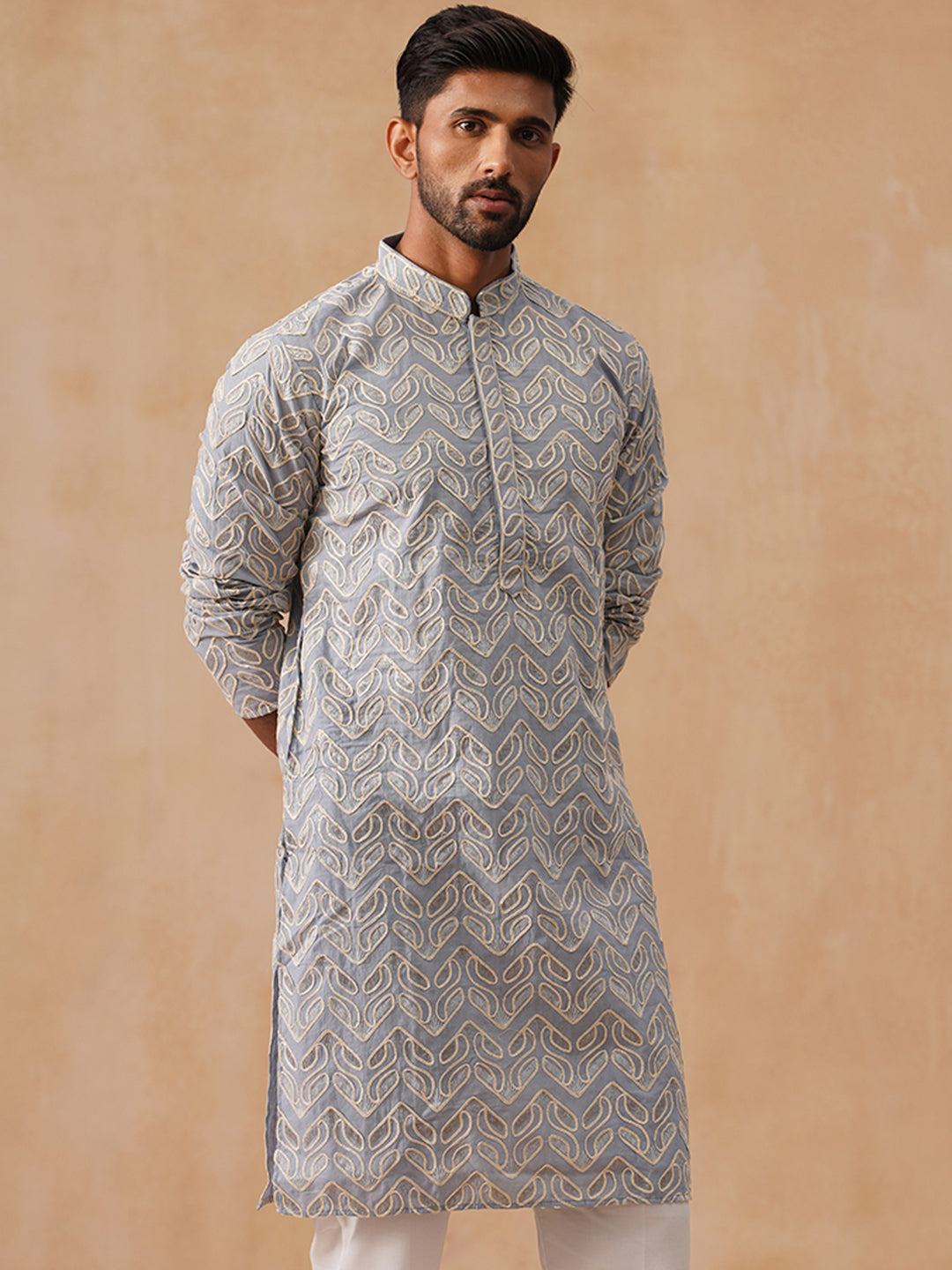 DesiQlo Men Floral Kurta Only - Grey - KO_5292Grey_S
