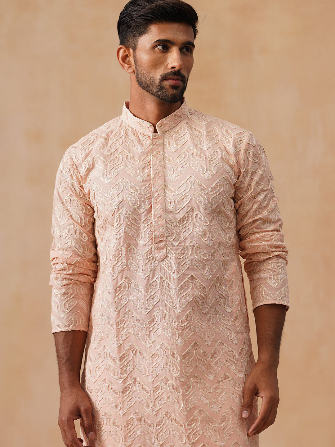 DesiQlo Men Embroidered Kurta Pyjama Set - Orange - JOKP_P_5292Peach_S