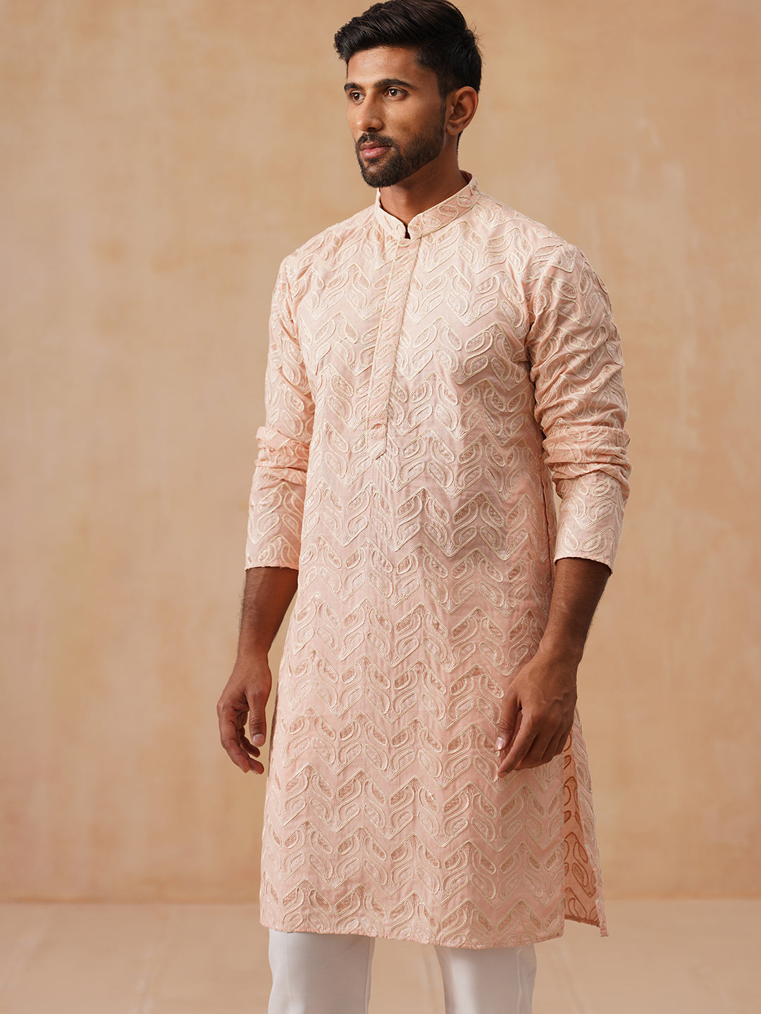 DesiQlo Men Embroidered Kurta Pyjama Set - Orange - JOKP_P_5292Peach_S