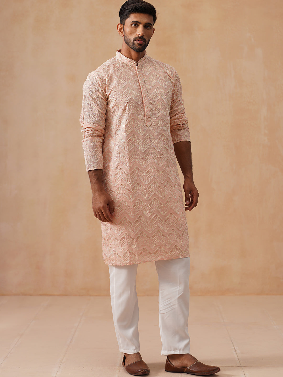 DesiQlo Men Embroidered Kurta Pyjama Set - Orange - JOKP_P_5292Peach_S