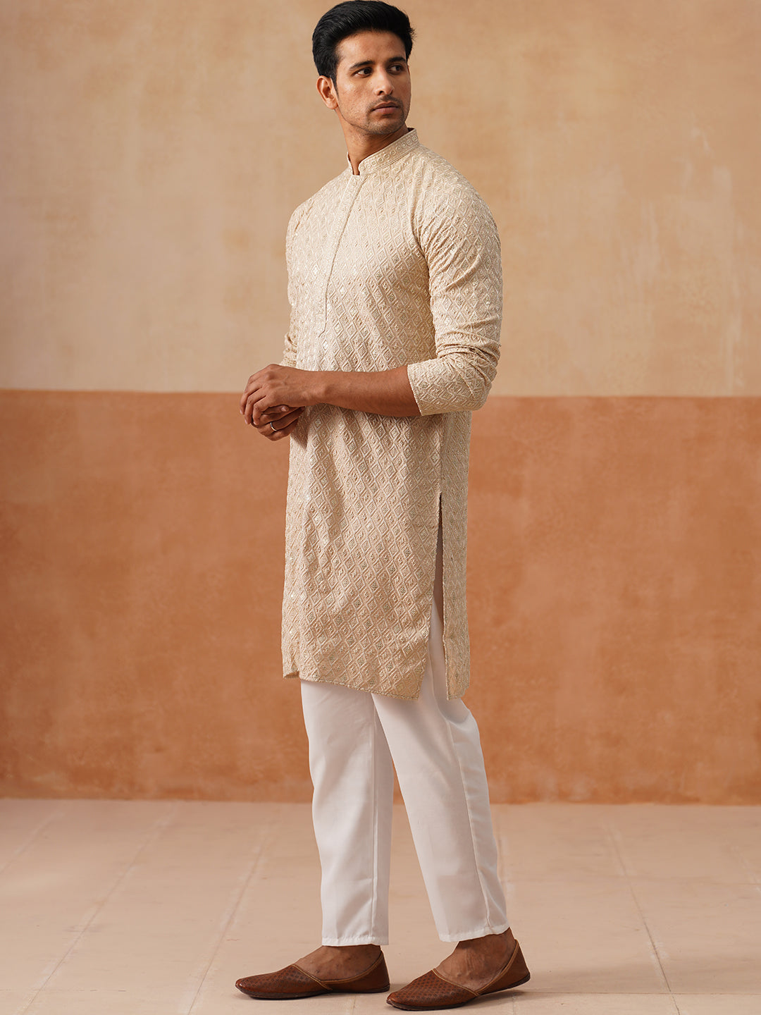 DesiQlo Men Embroidered Kurta Pyjama Set - Gold - JOKP_P_5293Golden_S