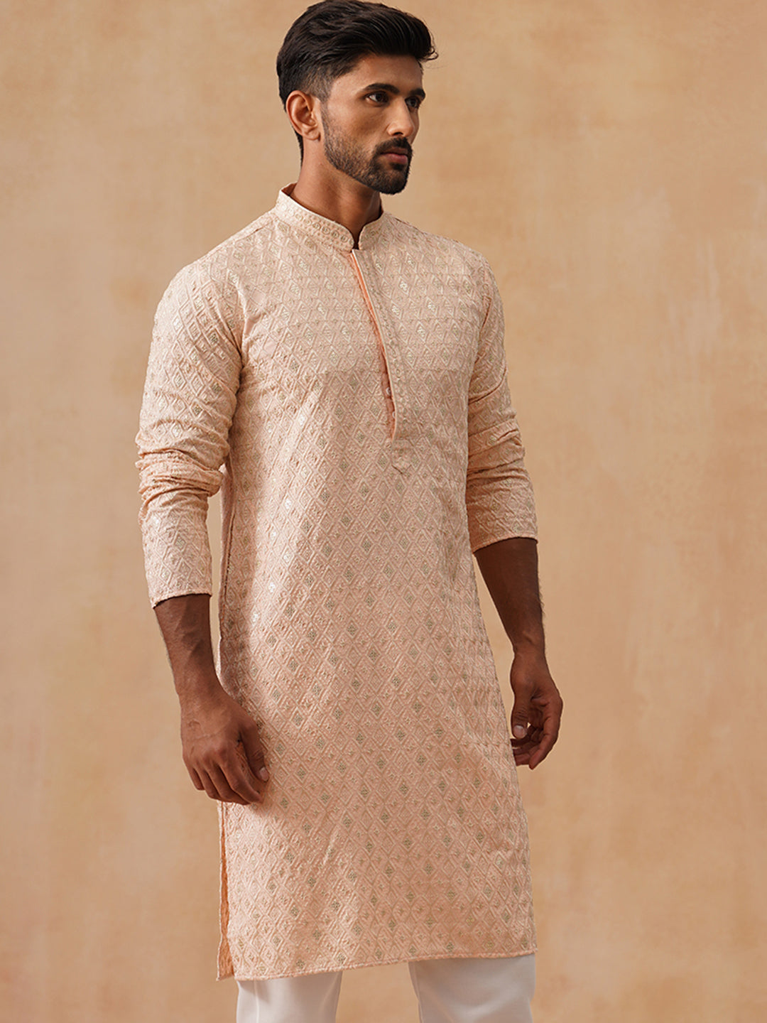 DesiQlo Men Geometric Kurta Only - Orange