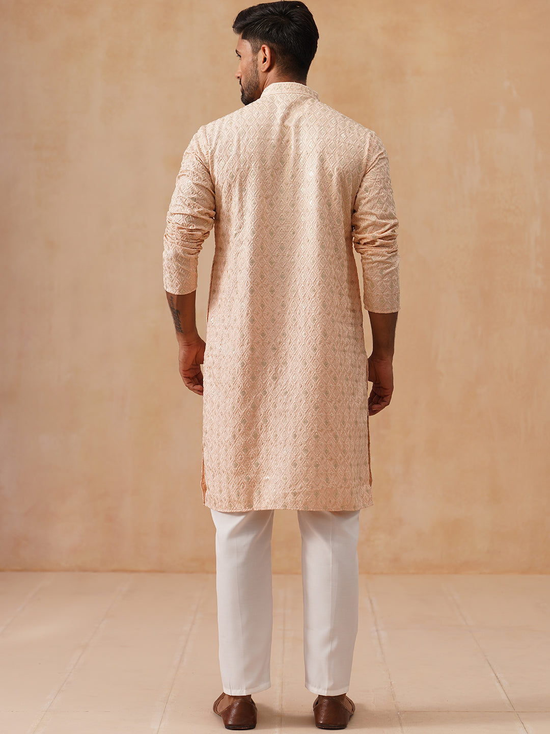 DesiQlo Men Embroidered Kurta Pyjama Set - Orange - JOKP_P_5293Peach_S