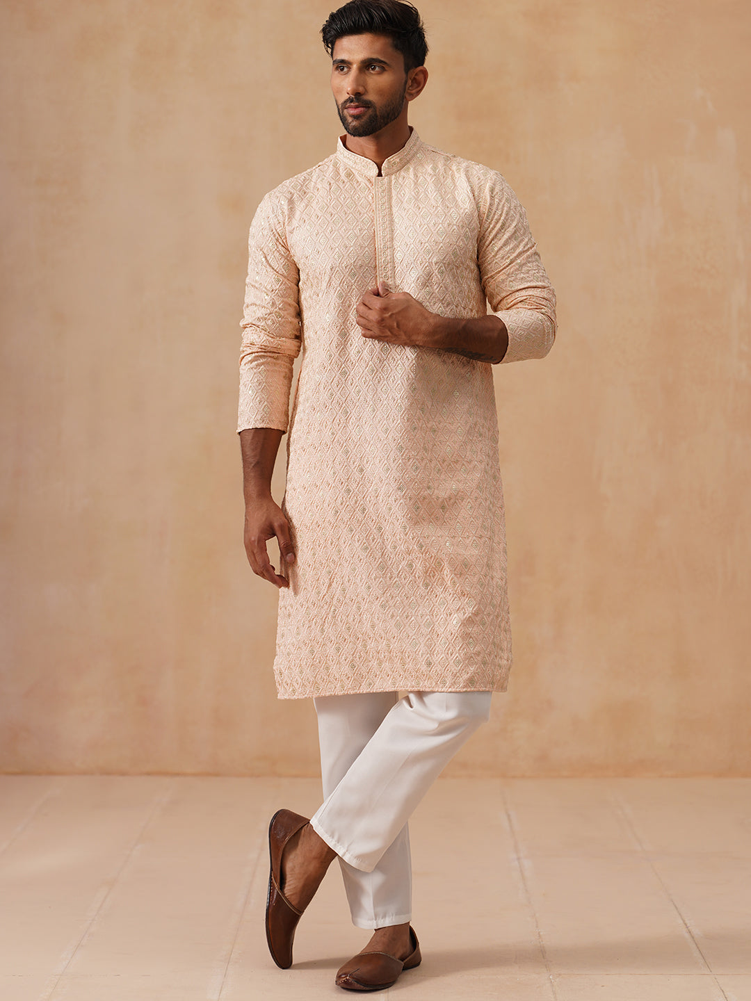 DesiQlo Men Embroidered Kurta Pyjama Set - Orange - JOKP_P_5293Peach_S