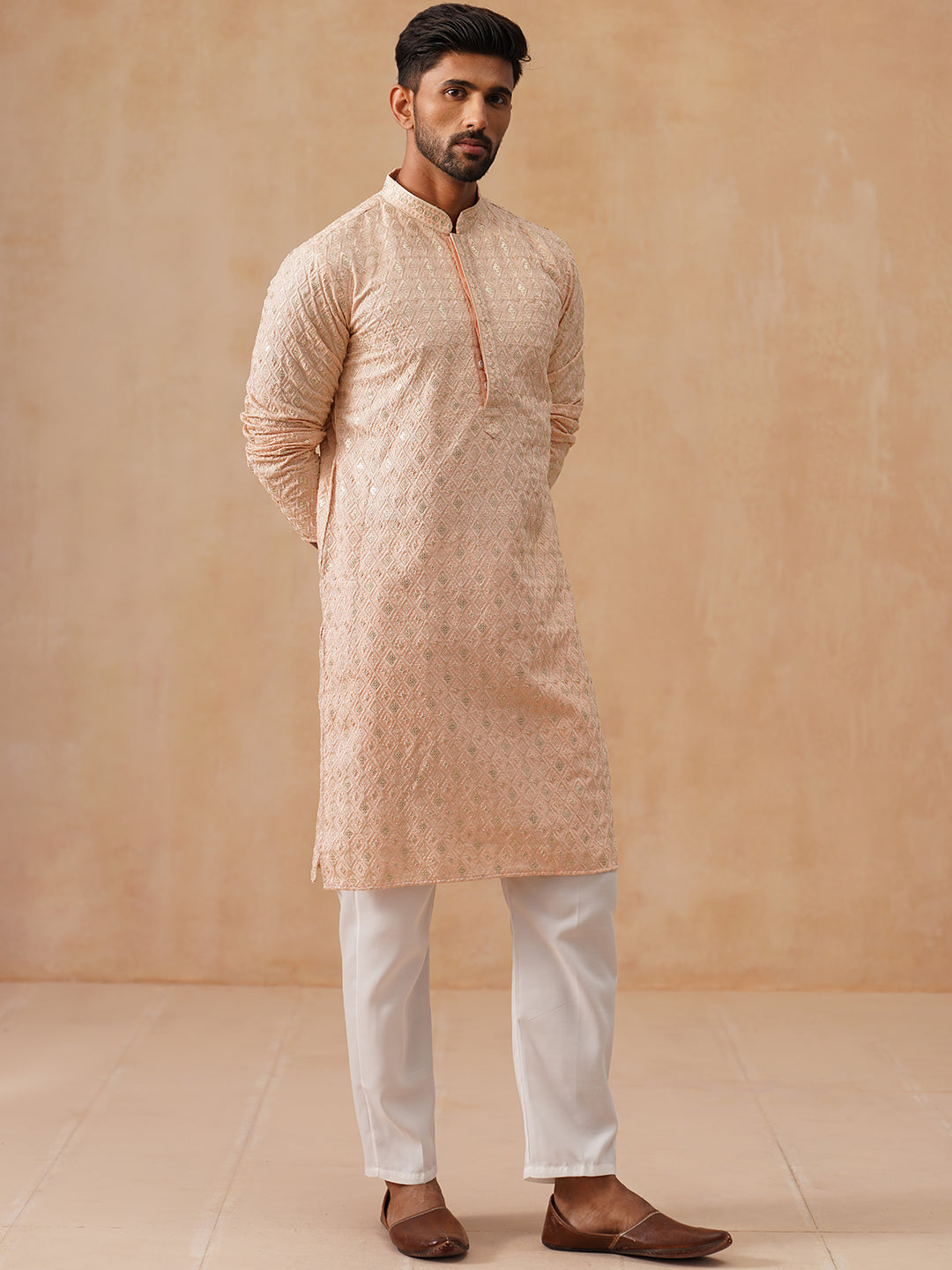 DesiQlo Men Embroidered Kurta Pyjama Set - Orange - JOKP_P_5293Peach_S