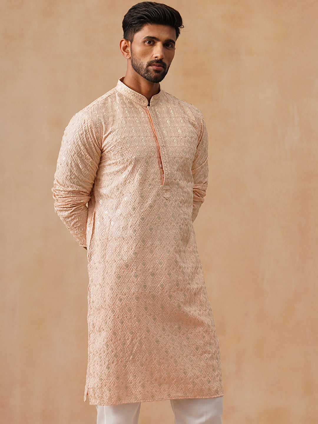 DesiQlo Men Geometric Kurta Only - Orange