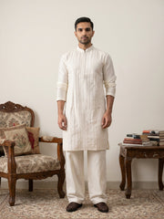 Embroidered Silk Blend Kurta with Korean Pants ( JOKP PJ11W 5294White )