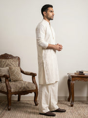 Embroidered Silk Blend Kurta with Korean Pants ( JOKP PJ11W 5294White )