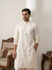 Embroidered Silk Blend Kurta with Korean Pants ( JOKP PJ11W 5294White )
