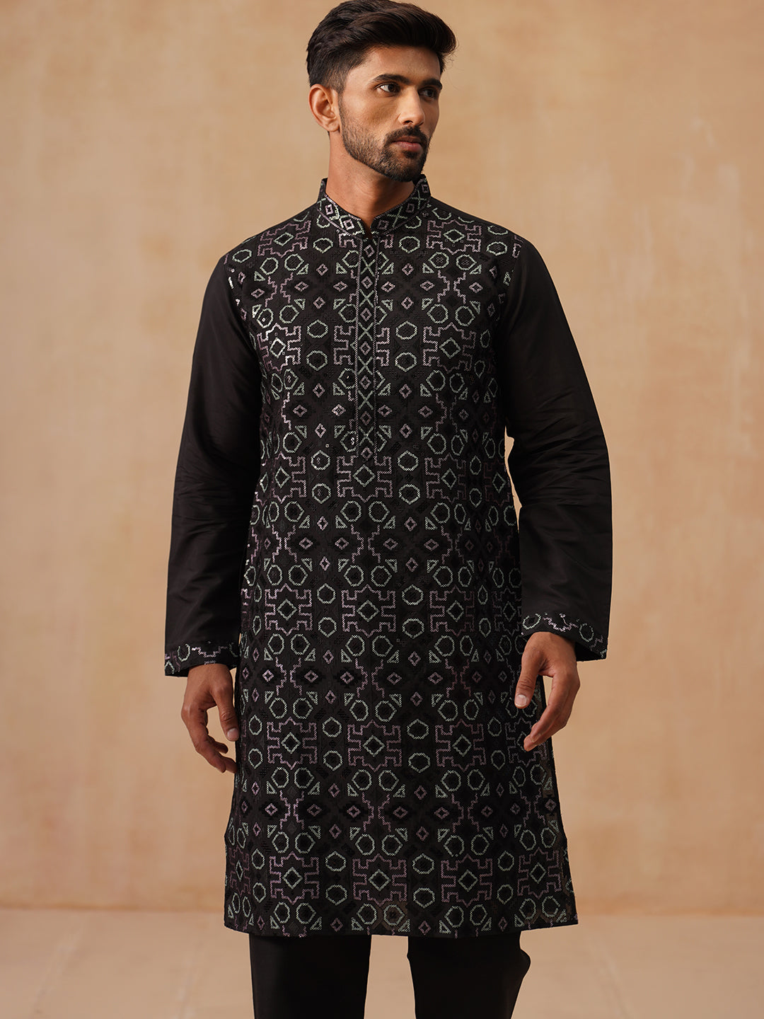 DesiQlo Men Embroidered Kurta Pyjama Set - Black - JOKP_B-P_5295Black_